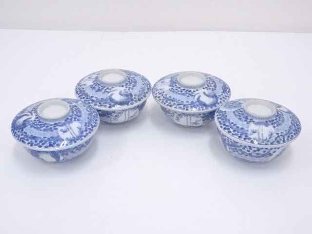 ANTIQUE JAPANESE IMARI / MEIJI ERA / LIDDED STEAMER BOWL SET OF 4  / BLUE & WHITE PORCELAIN